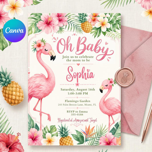 Flamingo Oh Baby it's a Girl baby shower invitation, girl summer invite, digital printable, corjl editable, pink flamingos, Canva Template __etsy:7987944212