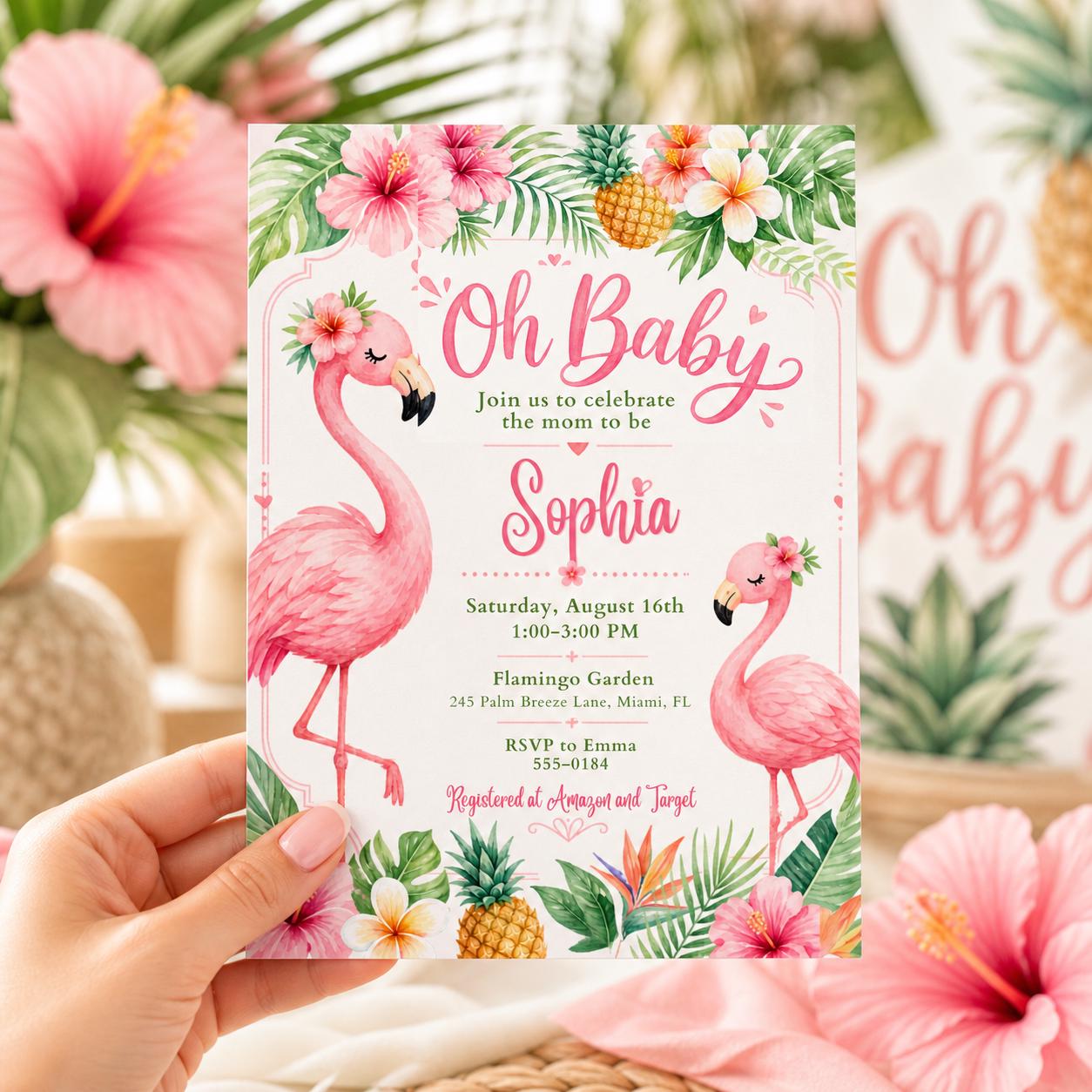 Flamingo Oh Baby it's a Girl baby shower invitation, girl summer invite, digital printable, corjl editable, pink flamingos, Canva Template __etsy:8035841011