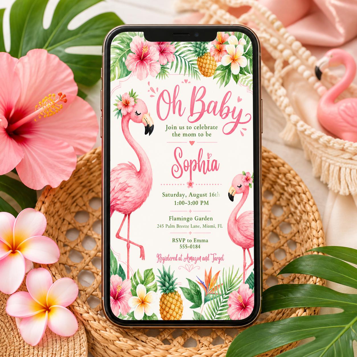 Flamingo Oh Baby it's a Girl baby shower invitation, girl summer invite, digital printable, corjl editable, pink flamingos, Canva Template __etsy:7987901256