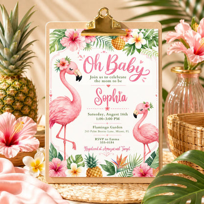 Flamingo Oh Baby it's a Girl baby shower invitation, girl summer invite, digital printable, corjl editable, pink flamingos, Canva Template __etsy:8035841143