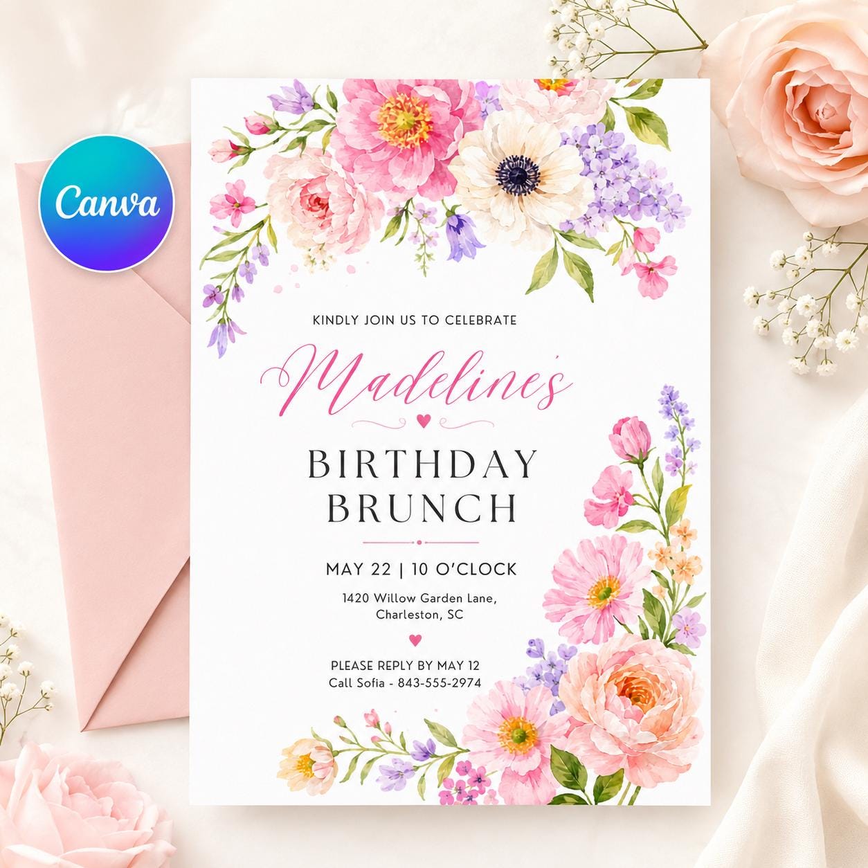Floral Birthday Brunch Invitation Template, Floral Birthday Brunch  Template, Floral Ladies Party, Girls Party, Editable Canva Template __etsy:8095060547