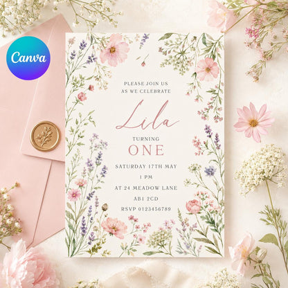 Floral Birthday Invitation Template, Onederful Birthday Invitation, Wildflowers 1st Birthday Invite, Isn't She Onederful,  Canva Template __etsy:8027077140