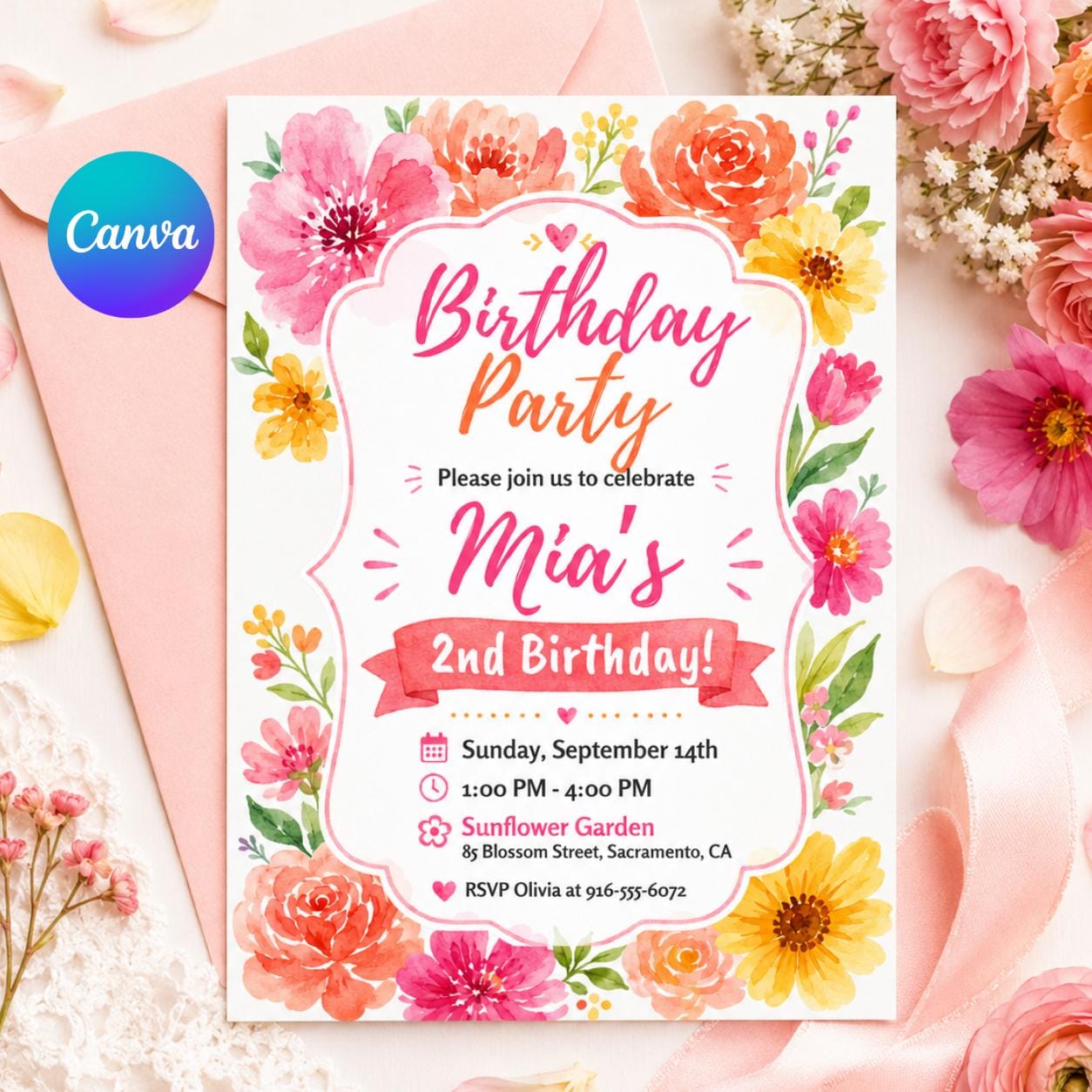Floral Birthday Party, Pink adult birthday invitation, floral invite for girl, vibrant blush fuchsia flower invite, magenta yellow summer __etsy:8033285996