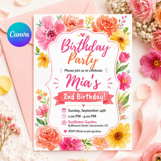 Floral Birthday Party, Pink adult birthday invitation, floral invite for girl, vibrant blush fuchsia flower invite, magenta yellow summer __etsy:8033285996