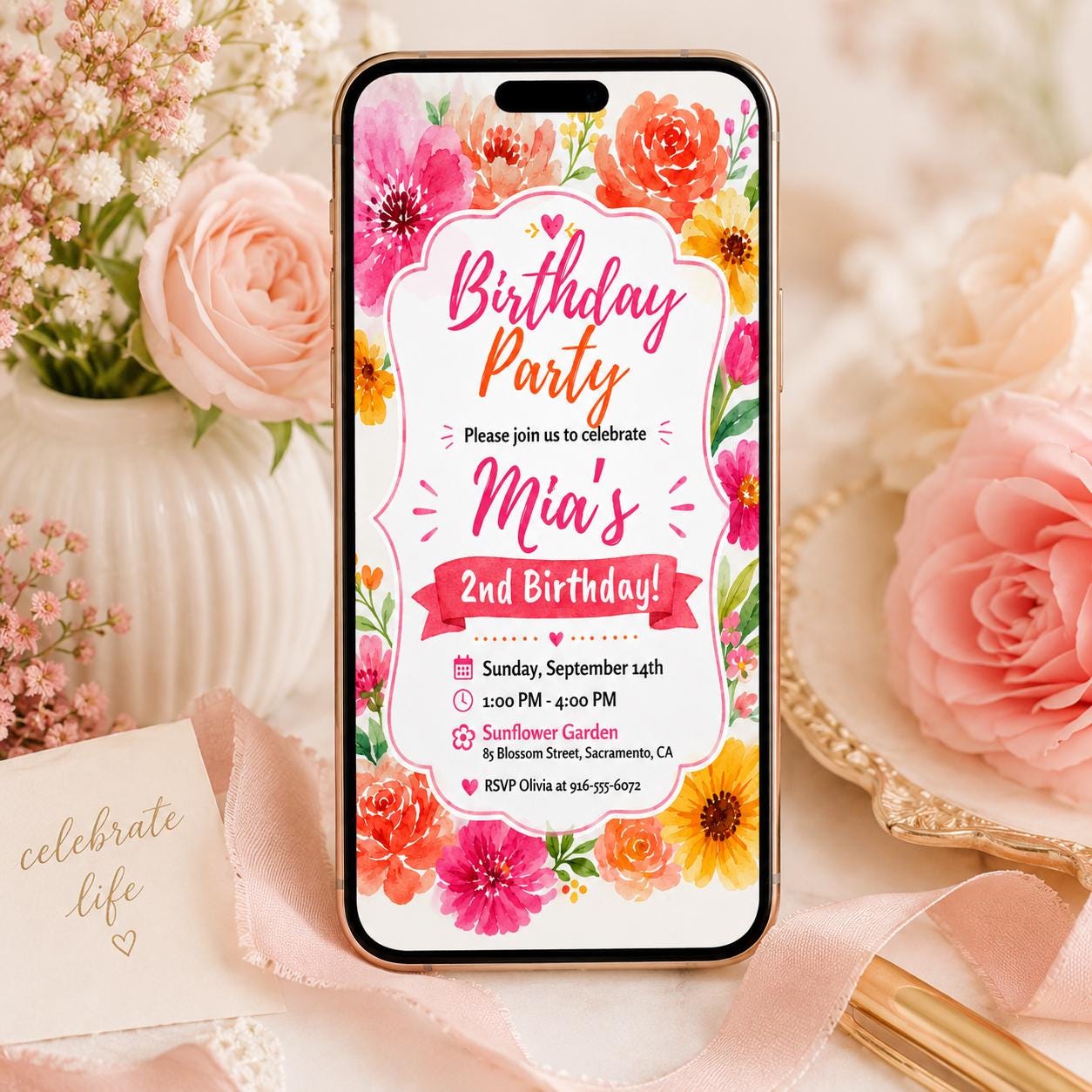 Floral Birthday Party, Pink adult birthday invitation, floral invite for girl, vibrant blush fuchsia flower invite, magenta yellow summer __etsy:8081182155
