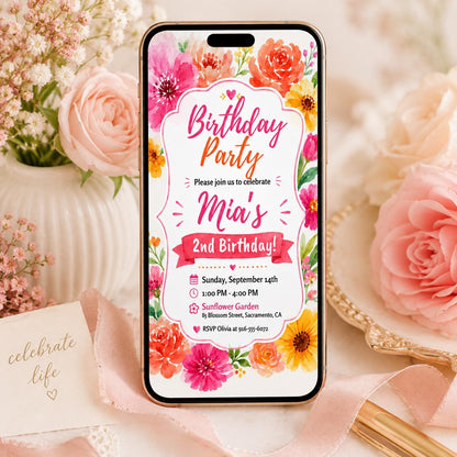Floral Birthday Party, Pink adult birthday invitation, floral invite for girl, vibrant blush fuchsia flower invite, magenta yellow summer __etsy:8081182155