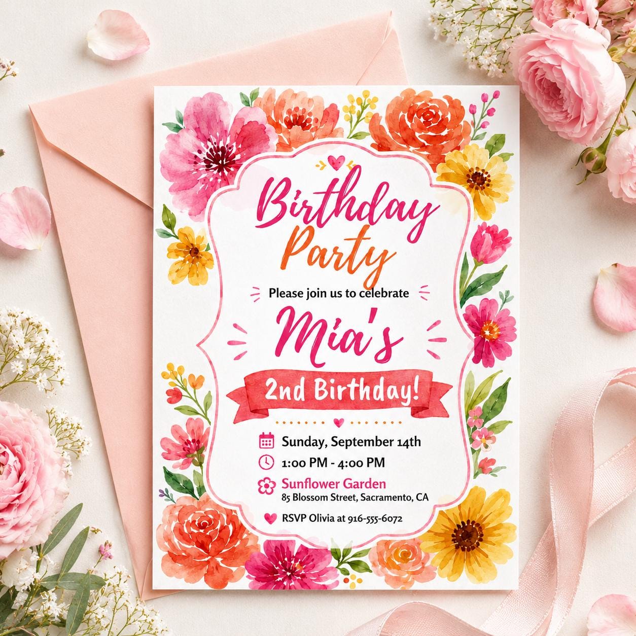 Floral Birthday Party, Pink adult birthday invitation, floral invite for girl, vibrant blush fuchsia flower invite, magenta yellow summer __etsy:8033268690