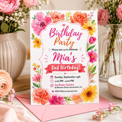 Floral Birthday Party, Pink adult birthday invitation, floral invite for girl, vibrant blush fuchsia flower invite, magenta yellow summer __etsy:8081183339