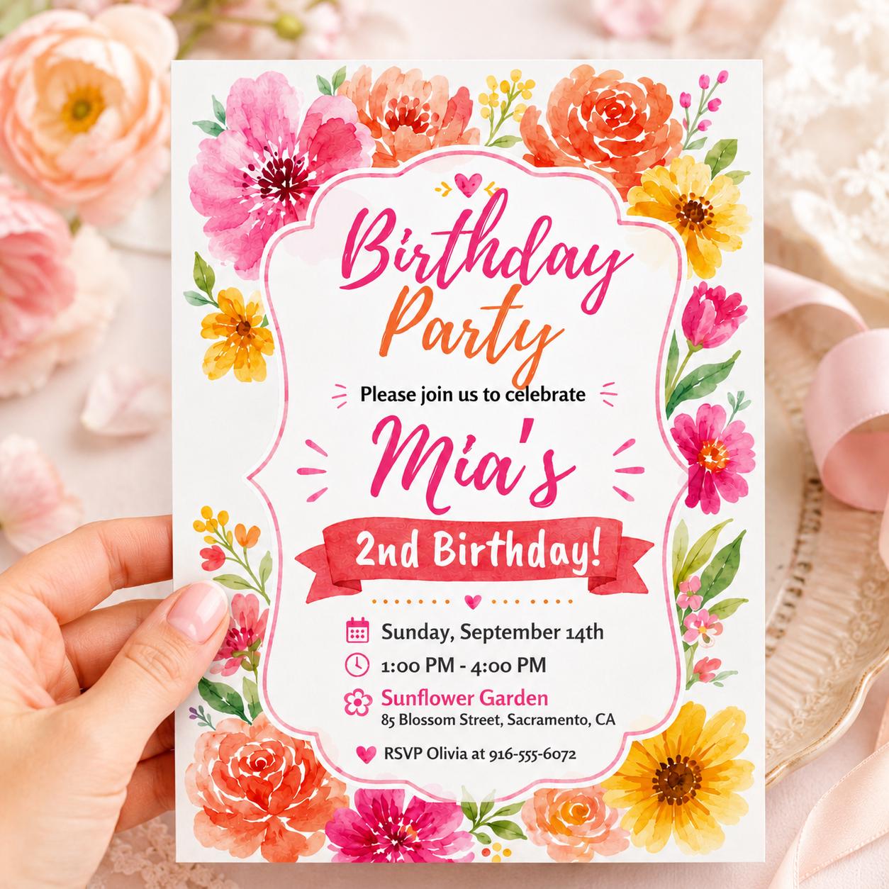 Floral Birthday Party, Pink adult birthday invitation, floral invite for girl, vibrant blush fuchsia flower invite, magenta yellow summer __etsy:8033269698
