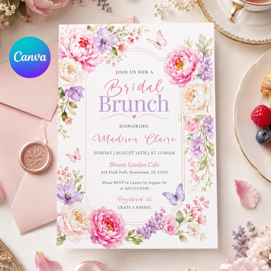 Floral Bridal Brunch Invitation, Citrus Bridal Brunch Invitation, Bright Floral Citrus Bridal Shower Invitation, Editable Canva Template __etsy:8058582261