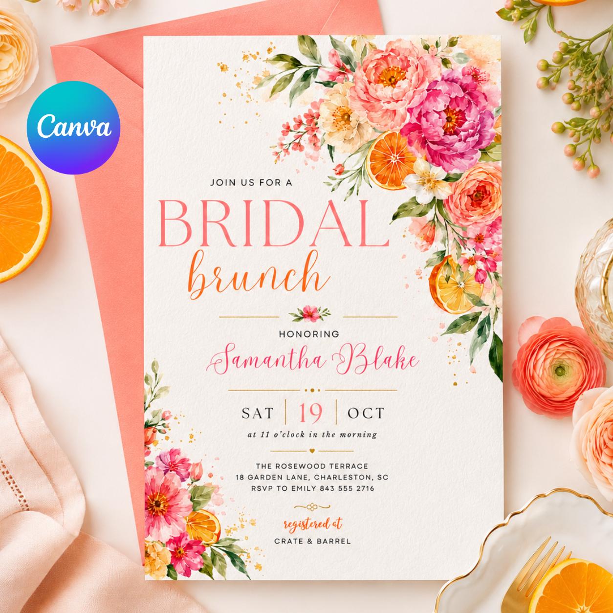 Floral Bridal Brunch Invitation, Citrus Bridal Shower, Spring Flower Bridal Shower Invitation, Mediterranean Lemon Theme, Bridal Party Lunch __etsy:8051685877
