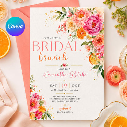 Floral Bridal Brunch Invitation, Citrus Bridal Shower, Spring Flower Bridal Shower Invitation, Mediterranean Lemon Theme, Bridal Party Lunch __etsy:8051685877