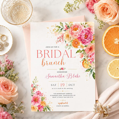Floral Bridal Brunch Invitation, Citrus Bridal Shower, Spring Flower Bridal Shower Invitation, Mediterranean Lemon Theme, Bridal Party Lunch __etsy:8051666041