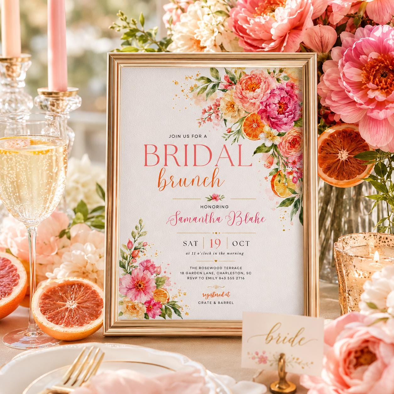 Floral Bridal Brunch Invitation, Citrus Bridal Shower, Spring Flower Bridal Shower Invitation, Mediterranean Lemon Theme, Bridal Party Lunch __etsy:8003744728