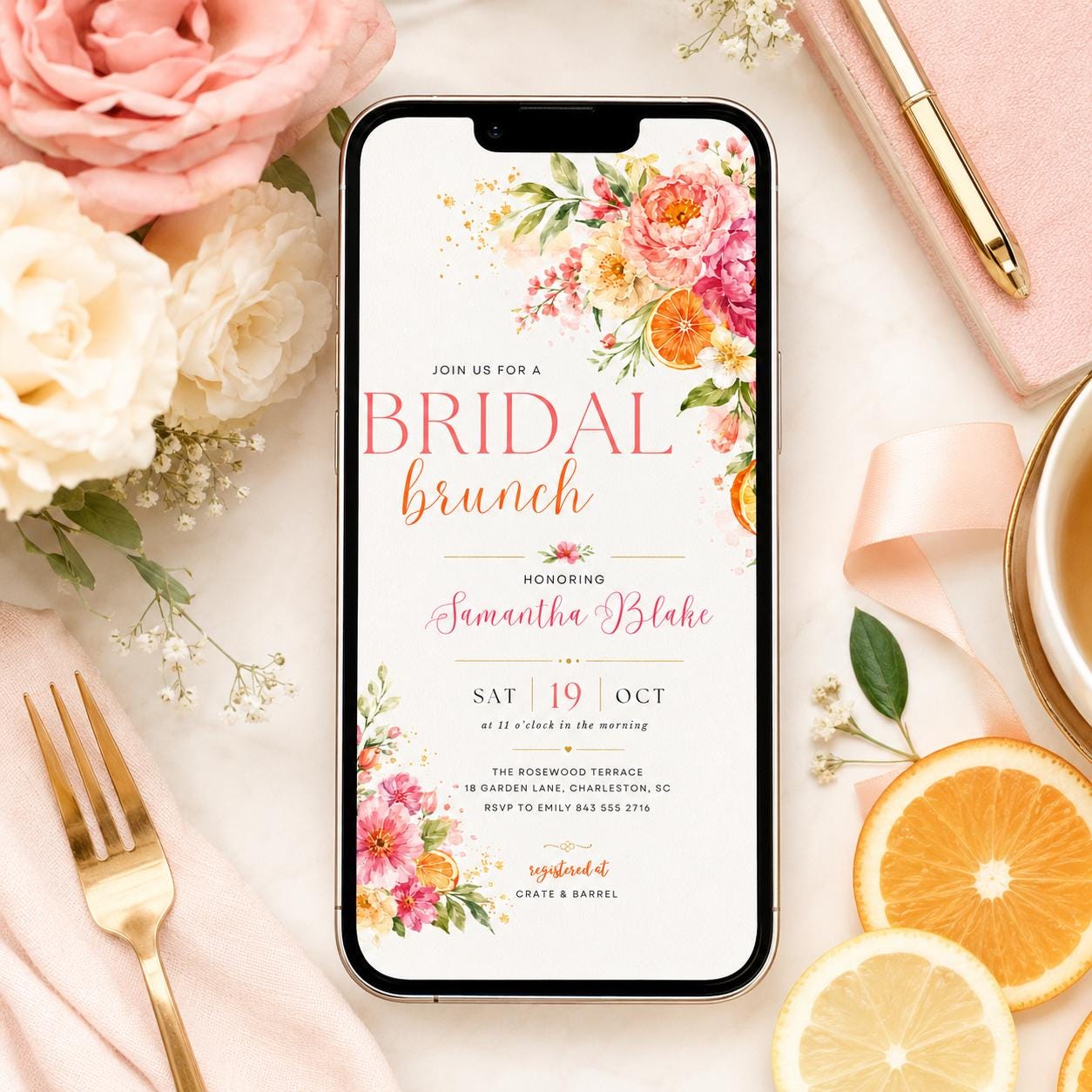 Floral Bridal Brunch Invitation, Citrus Bridal Shower, Spring Flower Bridal Shower Invitation, Mediterranean Lemon Theme, Bridal Party Lunch __etsy:8003744634