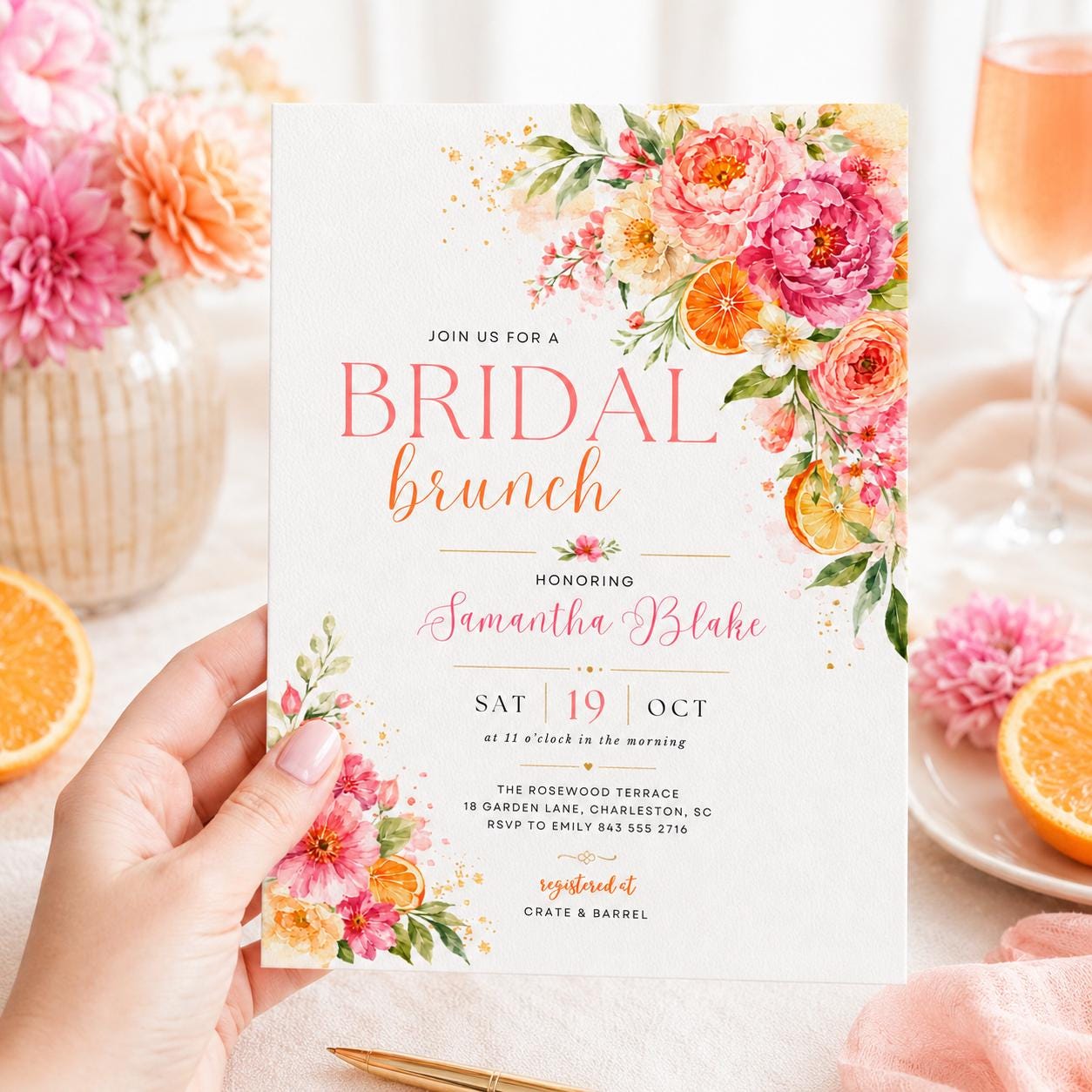 Floral Bridal Brunch Invitation, Citrus Bridal Shower, Spring Flower Bridal Shower Invitation, Mediterranean Lemon Theme, Bridal Party Lunch __etsy:8051666377