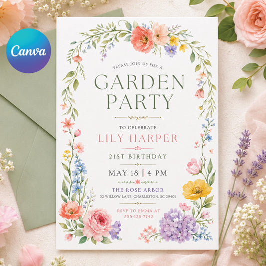 Floral Garden Party Invitation, Colorful floral birthday party invitation template, wildflower invitation, spring garden party, Canva __etsy:8058746805