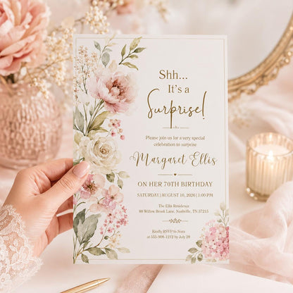 Floral Surprise 70th Birthday Invitation Template, Surprise Birthday Invitation Surprise Party Invitations Shhh its a Surprise Invite, Canva __etsy:8059936365