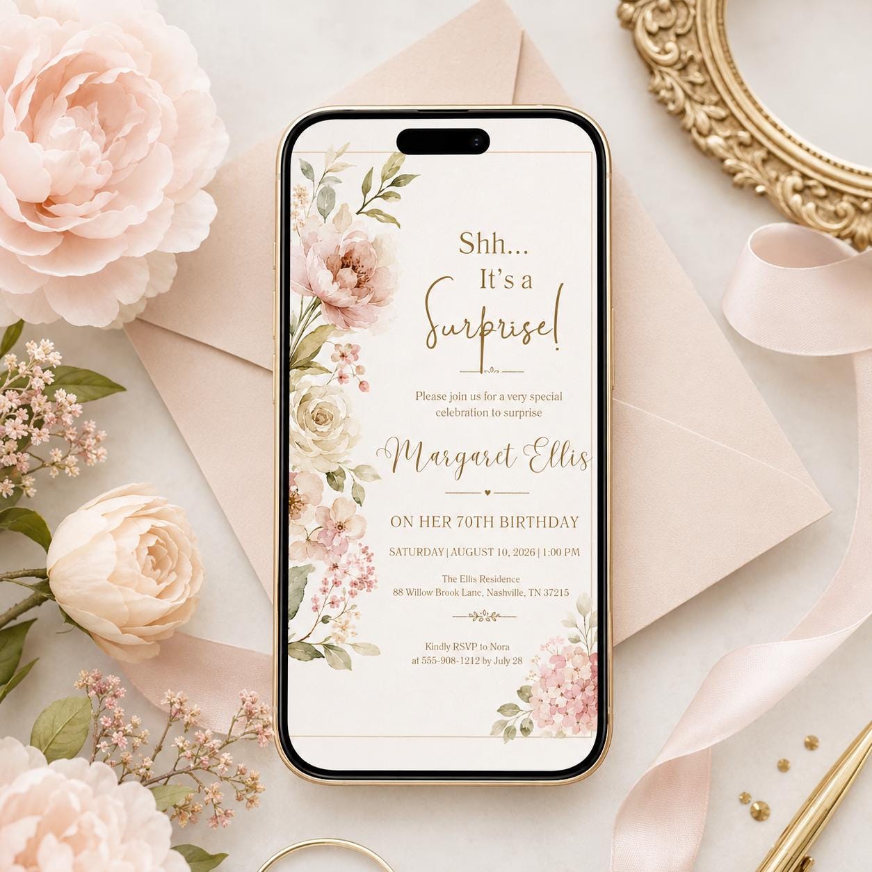 Floral Surprise 70th Birthday Invitation Template, Surprise Birthday Invitation Surprise Party Invitations Shhh its a Surprise Invite, Canva __etsy:8059936437
