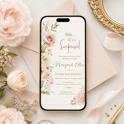 Floral Surprise 70th Birthday Invitation Template, Surprise Birthday Invitation Surprise Party Invitations Shhh its a Surprise Invite, Canva __etsy:8059936437