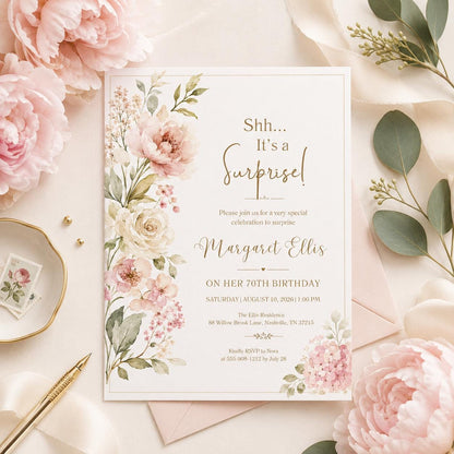 Floral Surprise 70th Birthday Invitation Template, Surprise Birthday Invitation Surprise Party Invitations Shhh its a Surprise Invite, Canva __etsy:8012025740