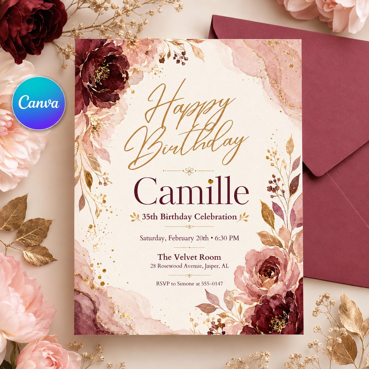 Floral Watercolor Design, Editable Floral Birthday Brunch Invitation, Elegant Canva Brunch Invite Template, Pink Birthday Party Invitation __etsy:8072501436