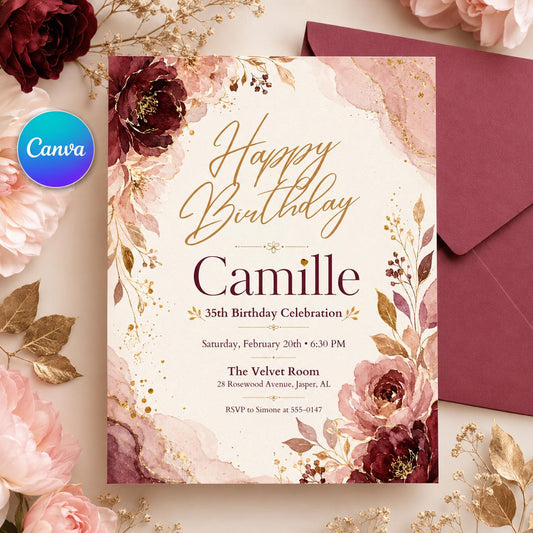 Floral Watercolor Design, Editable Floral Birthday Brunch Invitation, Elegant Canva Brunch Invite Template, Pink Birthday Party Invitation __etsy:8072501436