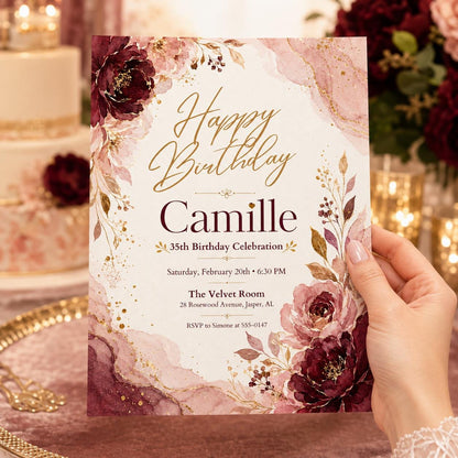 Floral Watercolor Design, Editable Floral Birthday Brunch Invitation, Elegant Canva Brunch Invite Template, Pink Birthday Party Invitation __etsy:8120422161