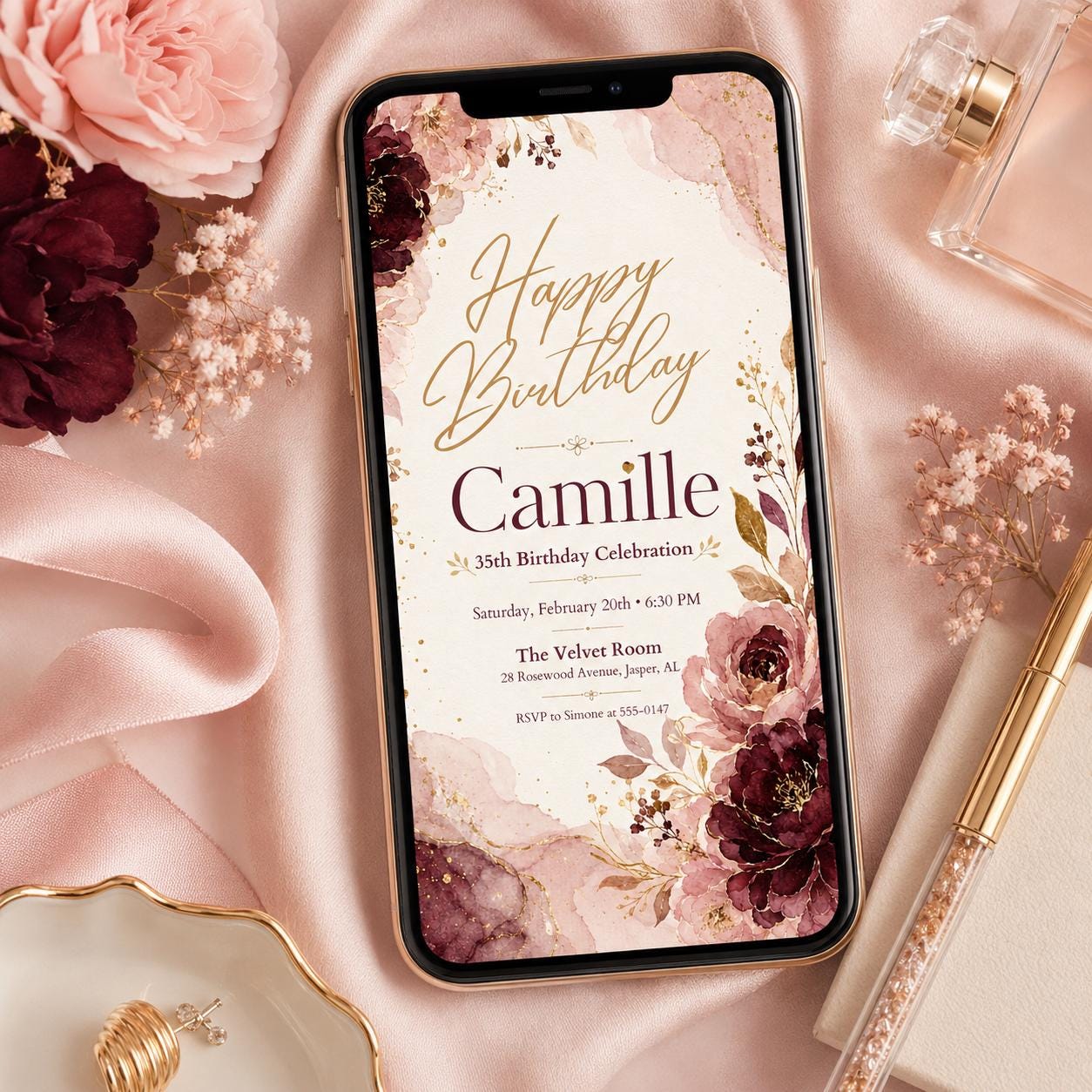 Floral Watercolor Design, Editable Floral Birthday Brunch Invitation, Elegant Canva Brunch Invite Template, Pink Birthday Party Invitation __etsy:8120422253