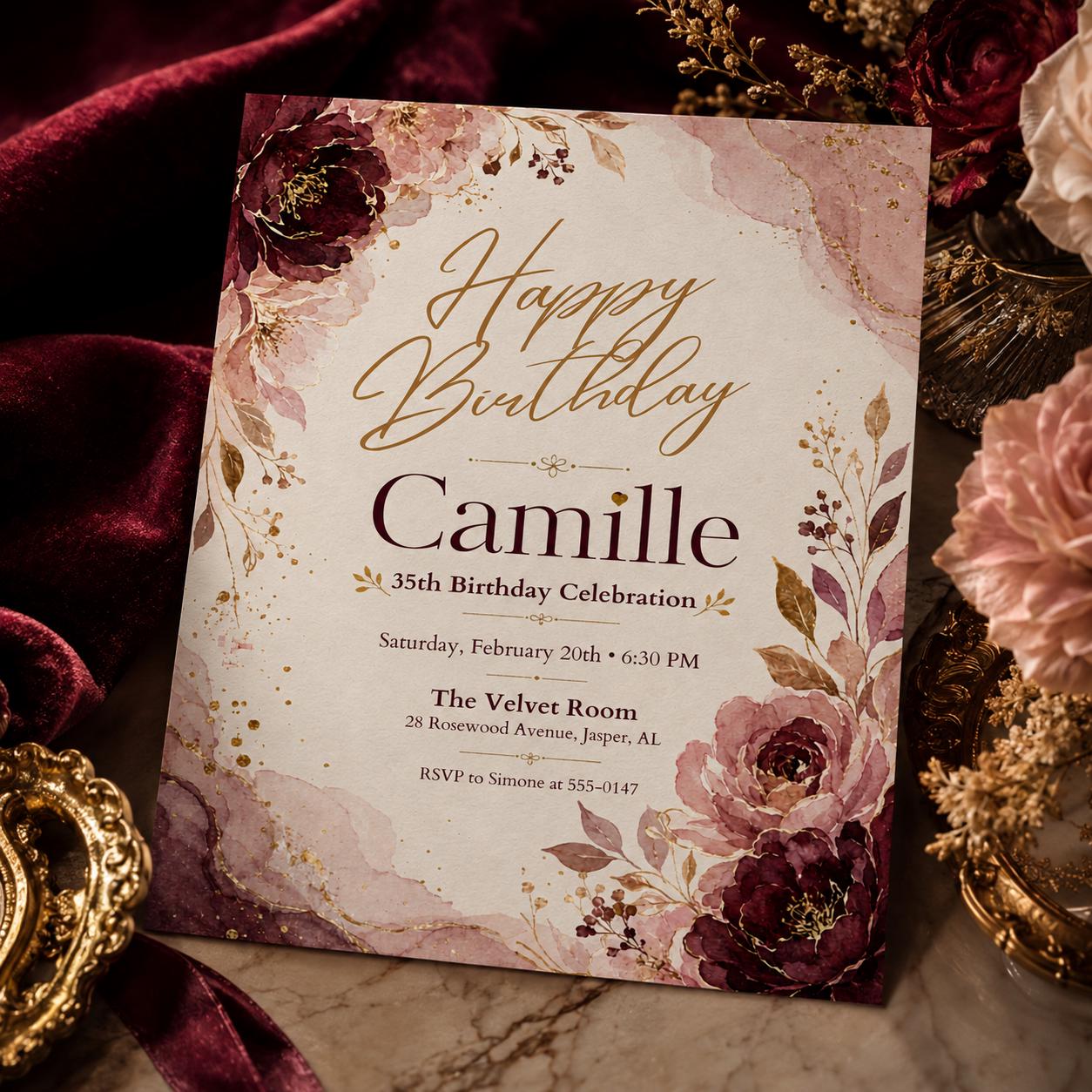 Floral Watercolor Design, Editable Floral Birthday Brunch Invitation, Elegant Canva Brunch Invite Template, Pink Birthday Party Invitation __etsy:8120422301