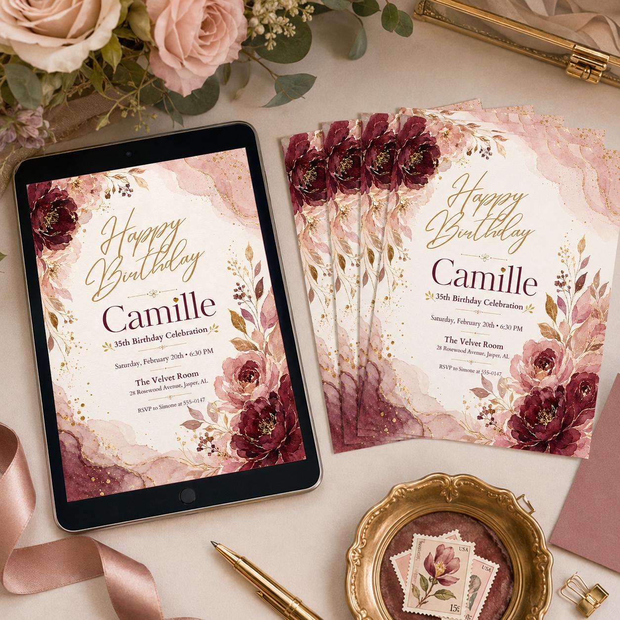 Floral Watercolor Design, Editable Floral Birthday Brunch Invitation, Elegant Canva Brunch Invite Template, Pink Birthday Party Invitation __etsy:8072501440