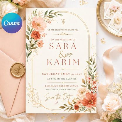 Floral Wedding Invitation Template, Editable Canva Save the Date, Boho Pampas Wedding Invitation Rustic Floral Editable Canva Template __etsy:8072327007