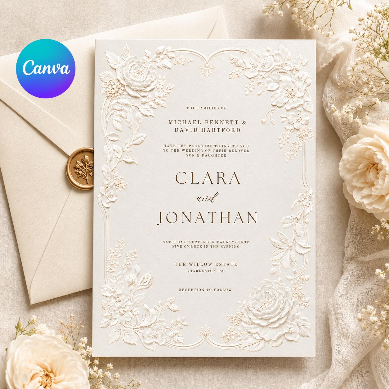 Floral Wedding Invitation Template, Wildflower Wedding Invitation, Garden Flowers Spring Floral, Editable Canva Template __etsy:8076990879