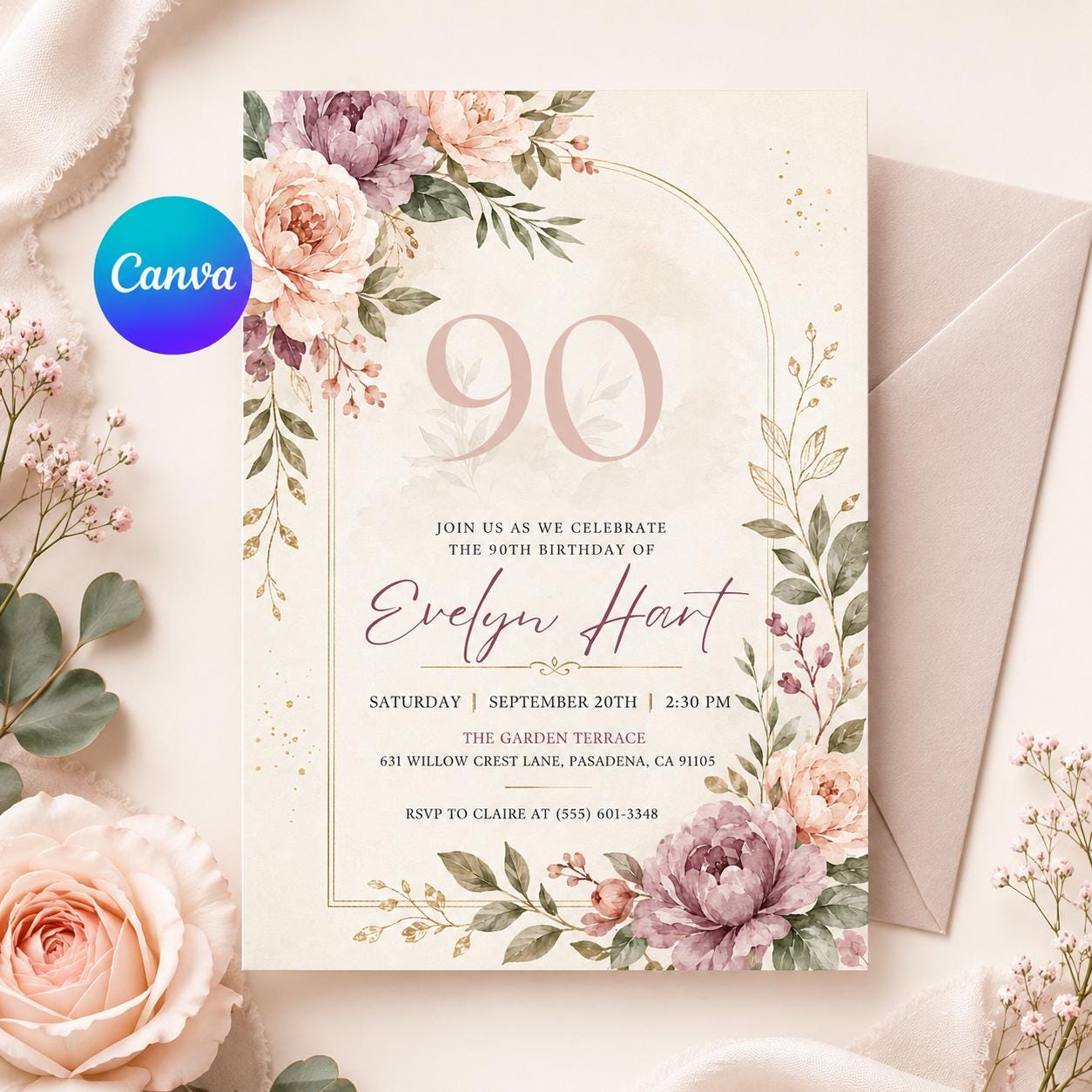 Floral 90th Birthday Invitation , Floral 90th Birthday Invitation for Women, 90 Years Loved, Canva Template __etsy:8105243251