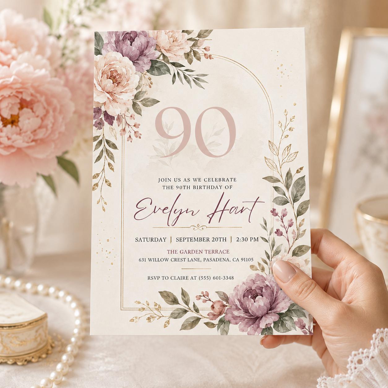 Floral 90th Birthday Invitation , Floral 90th Birthday Invitation for Women, 90 Years Loved, Canva Template __etsy:8057332416