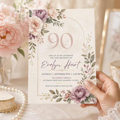 Floral 90th Birthday Invitation , Floral 90th Birthday Invitation for Women, 90 Years Loved, Canva Template __etsy:8057332416