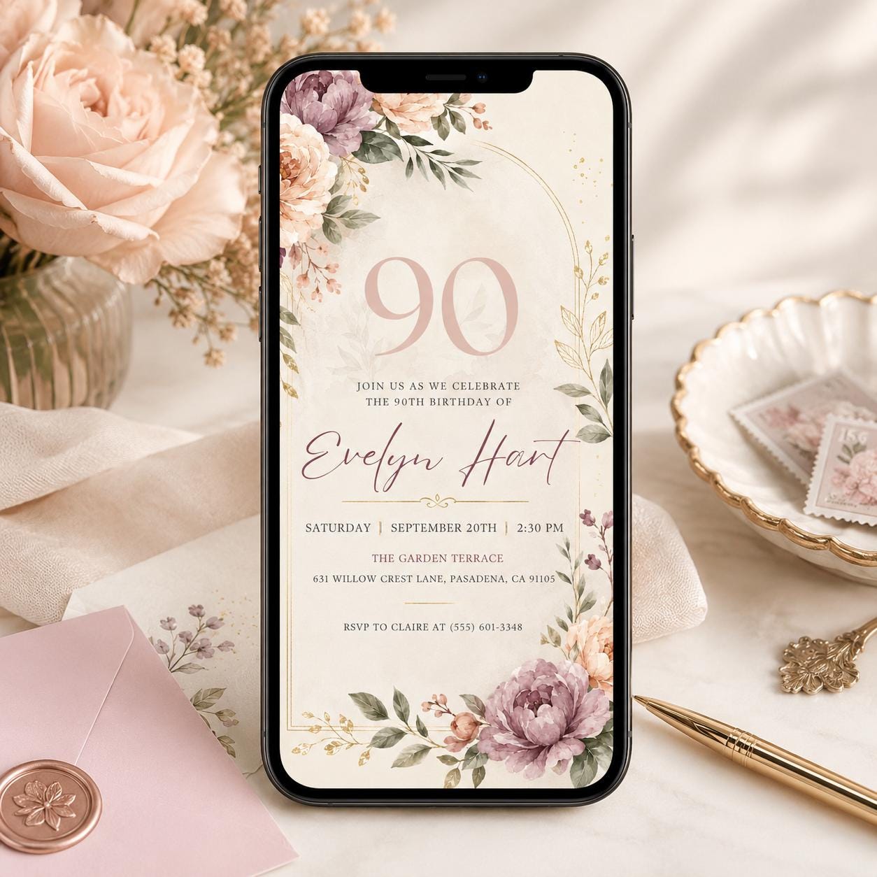 Floral 90th Birthday Invitation , Floral 90th Birthday Invitation for Women, 90 Years Loved, Canva Template __etsy:8057332424