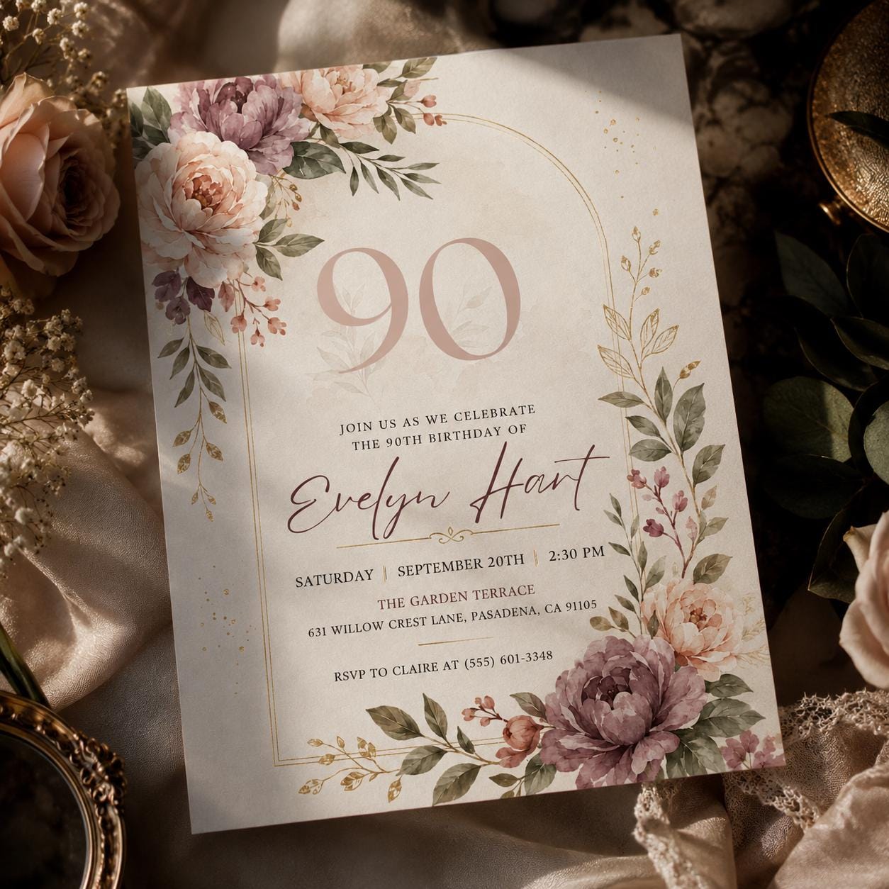 Floral 90th Birthday Invitation , Floral 90th Birthday Invitation for Women, 90 Years Loved, Canva Template __etsy:8105243253