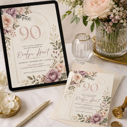 Floral 90th Birthday Invitation , Floral 90th Birthday Invitation for Women, 90 Years Loved, Canva Template __etsy:8105243255