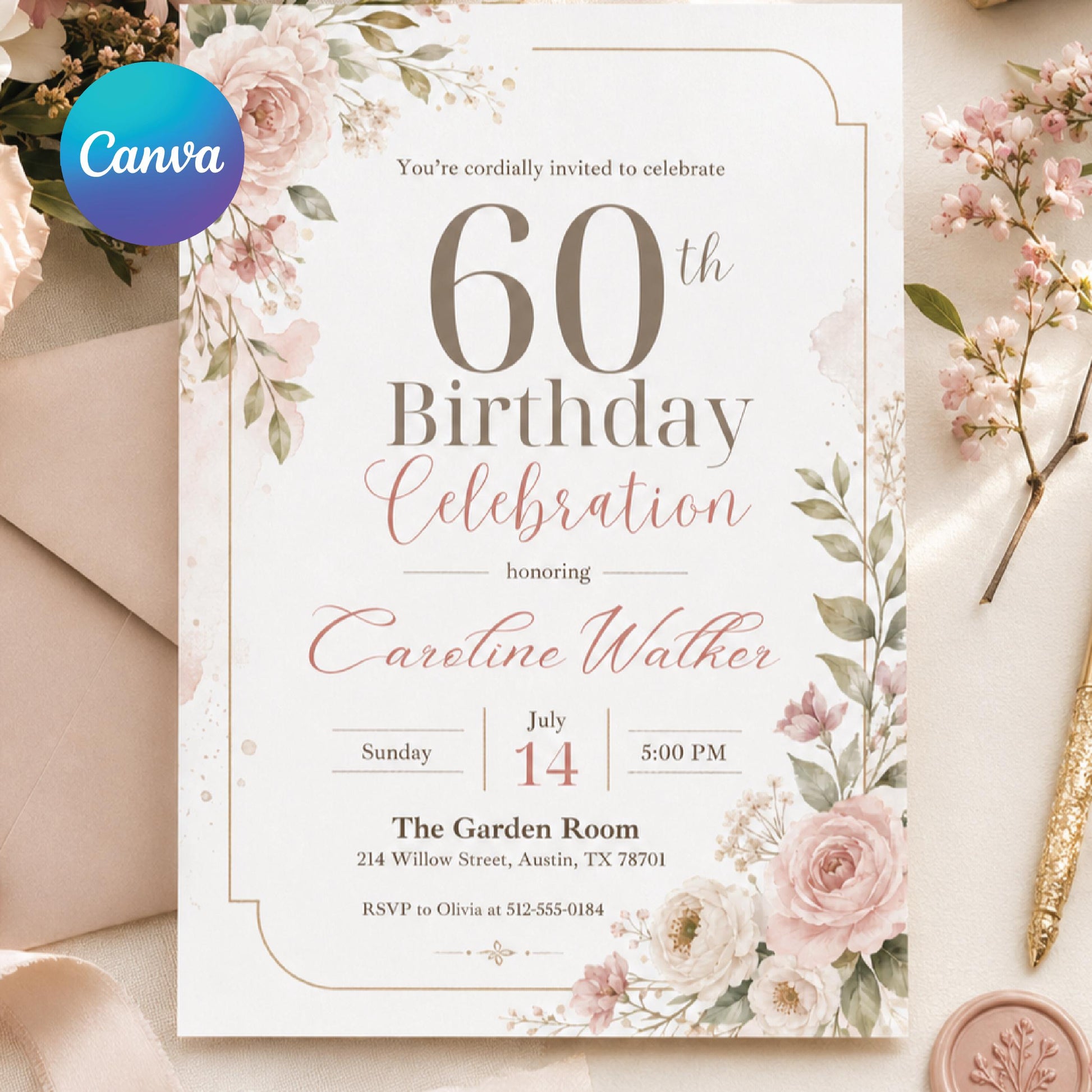 Floral 60th Birthday Invitation, Pink floral 60th Birthday Invitation, Pink Watercolor Milestone Celebration, Editable Canva Template __etsy:8010830396