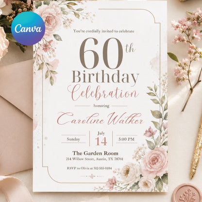 Floral 60th Birthday Invitation, Pink floral 60th Birthday Invitation, Pink Watercolor Milestone Celebration, Editable Canva Template __etsy:8010830396