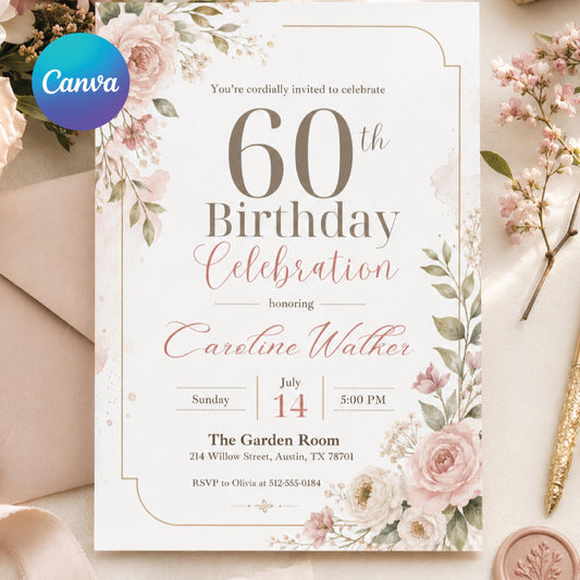 Floral 60th Birthday Invitation, Pink floral 60th Birthday Invitation, Pink Watercolor Milestone Celebration, Editable Canva Template __etsy:8010830396