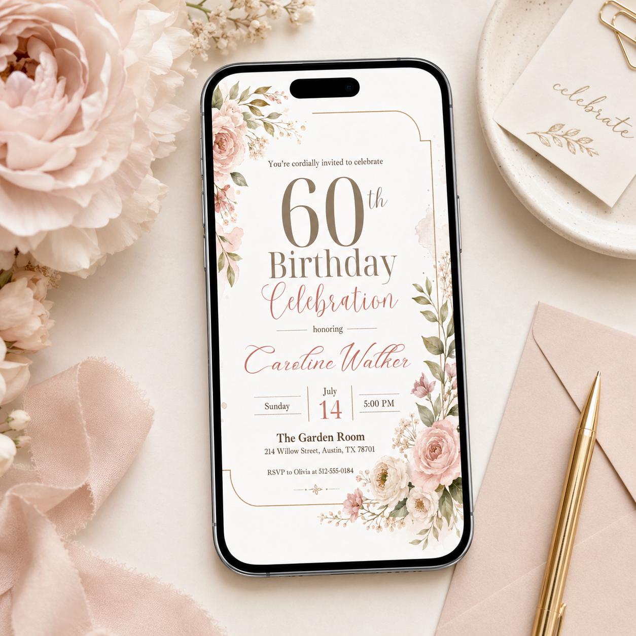 Floral 60th Birthday Invitation, Pink floral 60th Birthday Invitation, Pink Watercolor Milestone Celebration, Editable Canva Template __etsy:8058738065