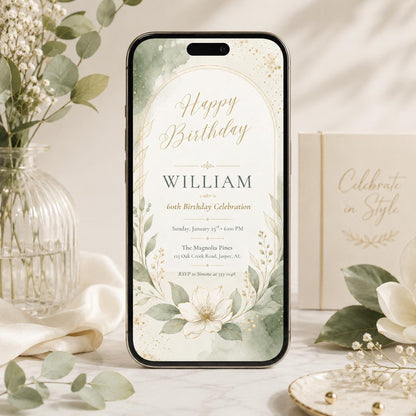 Floral 60th Birthday Invitation, Pink floral 60th Birthday Invitation, Pink Watercolor Milestone Celebration, Editable Canva Template __etsy:8074606630