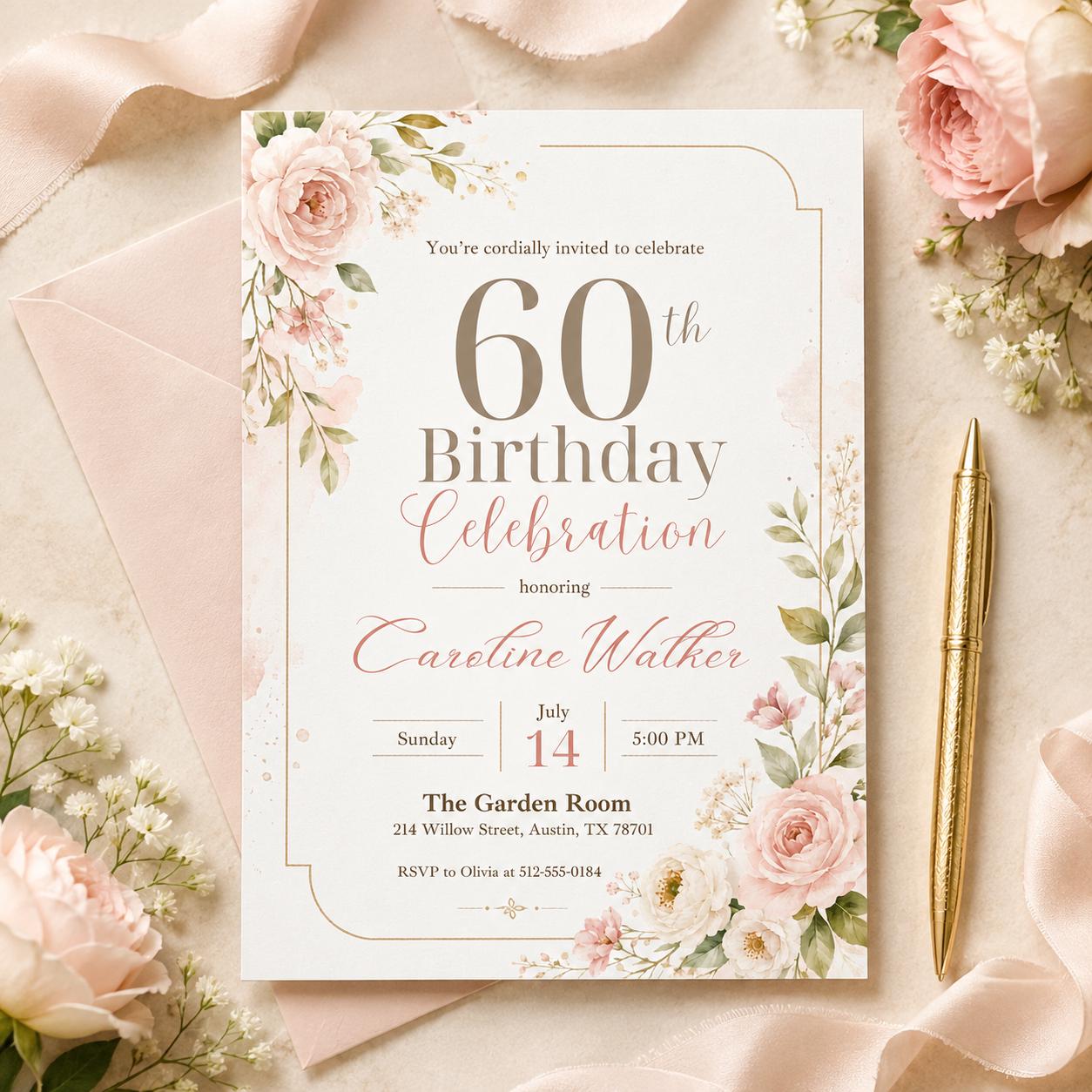 Floral 60th Birthday Invitation, Pink floral 60th Birthday Invitation, Pink Watercolor Milestone Celebration, Editable Canva Template __etsy:8058738089