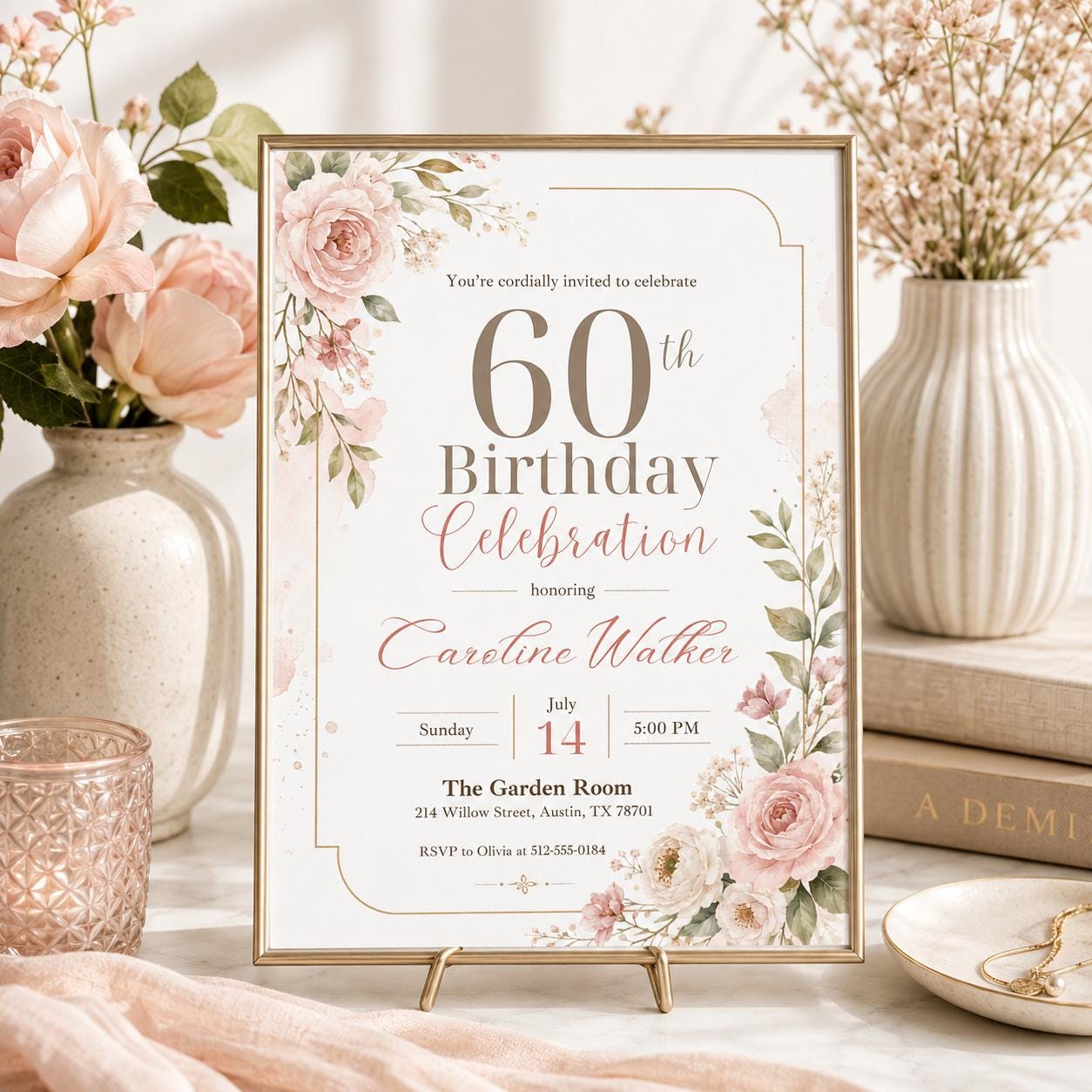 Floral 60th Birthday Invitation, Pink floral 60th Birthday Invitation, Pink Watercolor Milestone Celebration, Editable Canva Template __etsy:8010824838