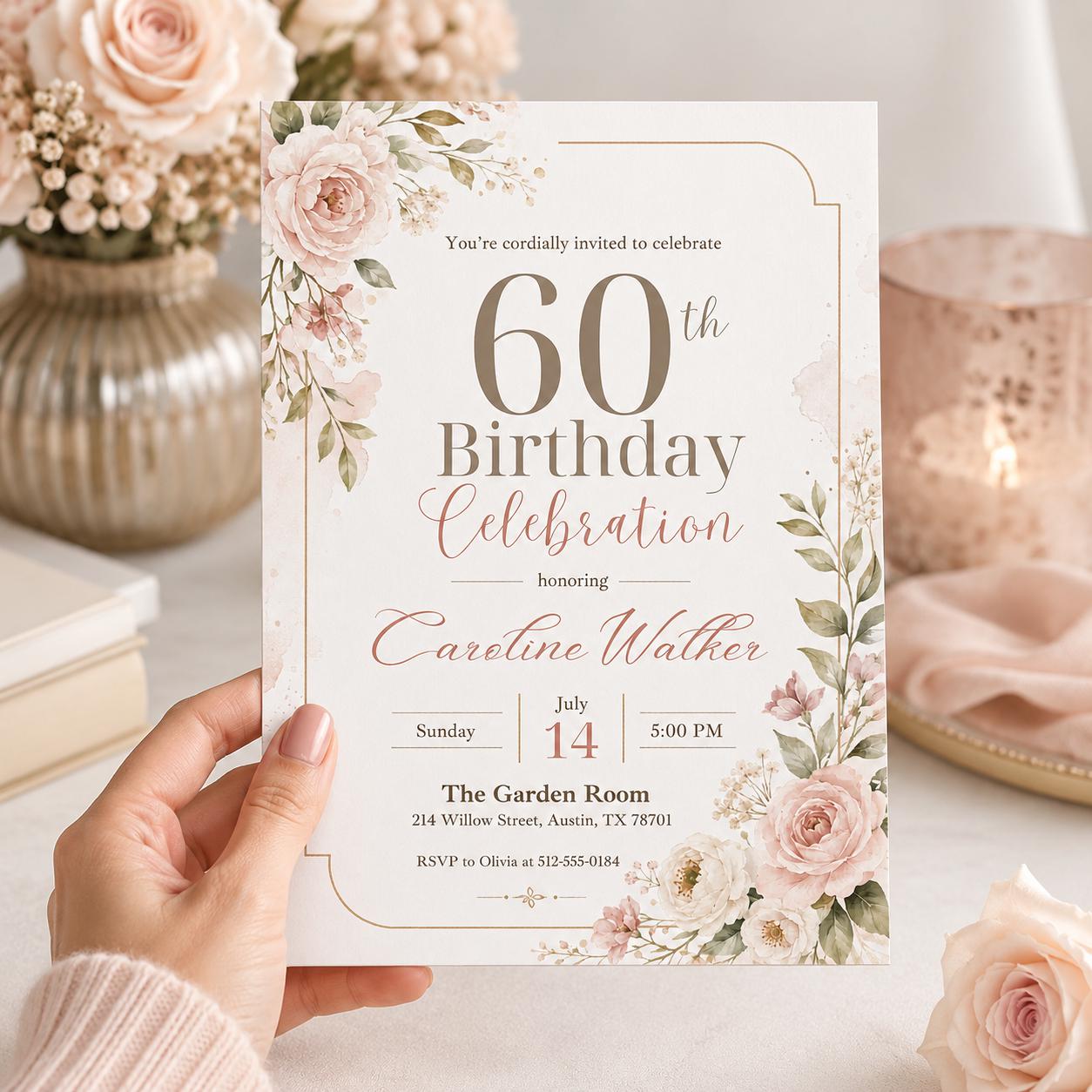 Floral 60th Birthday Invitation, Pink floral 60th Birthday Invitation, Pink Watercolor Milestone Celebration, Editable Canva Template __etsy:8058738085