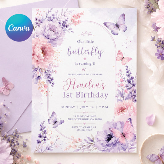 Flutter On Over Birthday Invitation, Floral Butterfly Birthday Card, Spring Garden Party Template, Pink Golden Butterfly Invite __etsy:8060284881