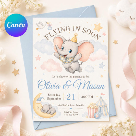 Flying Elephant Baby Shower Invitation Template (Digital Download) __etsy:7982101240