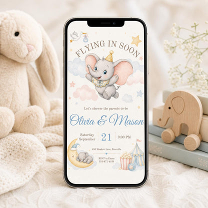 Flying Elephant Baby Shower Invitation Template (Digital Download) __etsy:8030044095